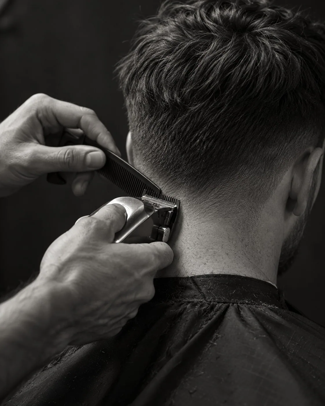 Detalhe de um corte de cabelo em cena fictícia gerada por IA