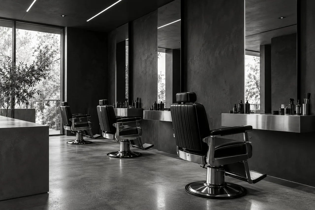 Barbearia imaginária criada com IA, com cadeiras e espelhos sem marcas